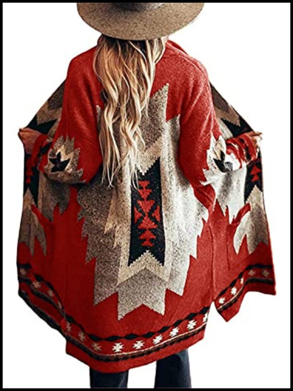 Vintage Tribal Knitted Open Front Cardigan Sweater Coat with Pockets